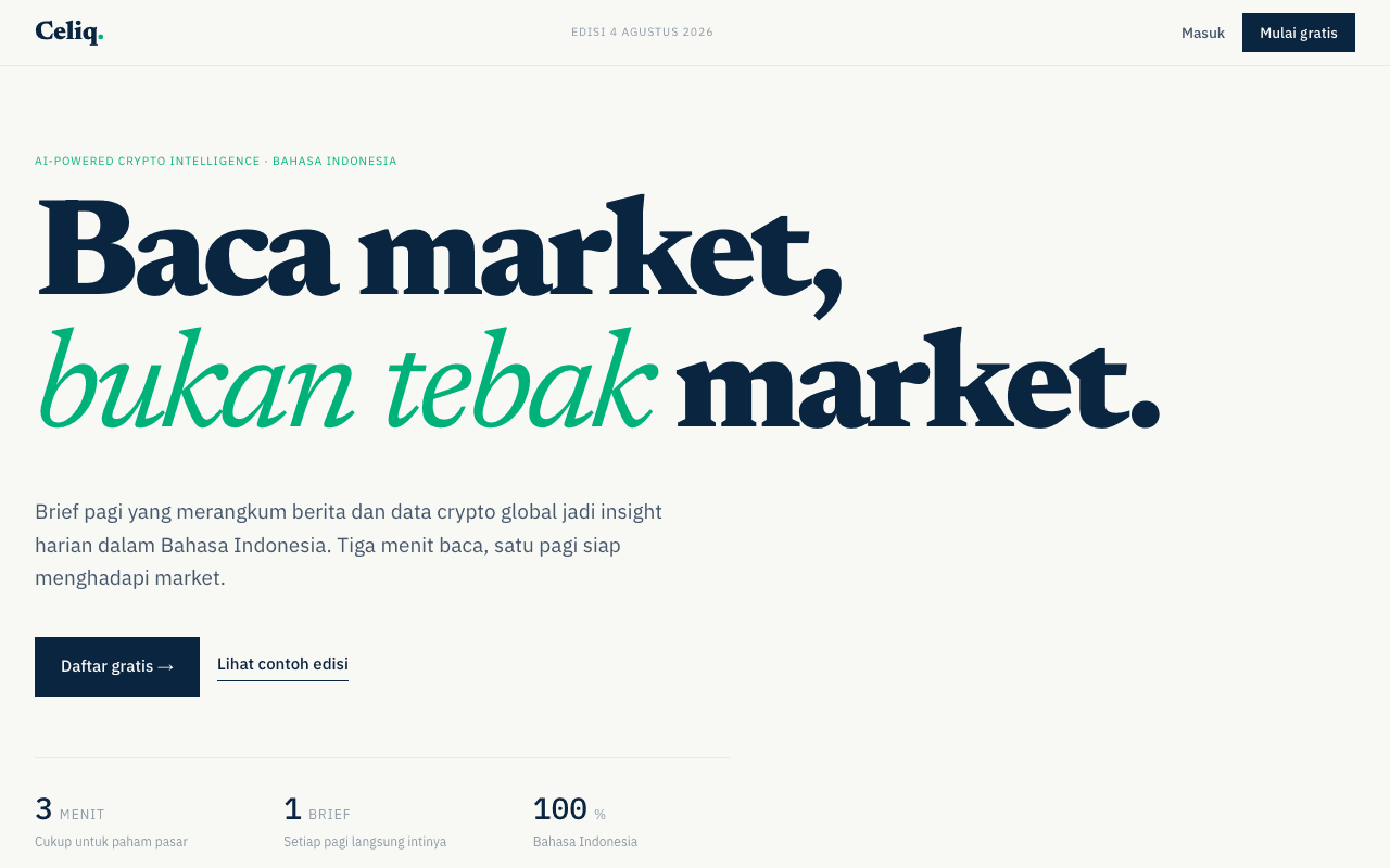 The Celiq homepage: a daily crypto market brief in Bahasa Indonesia.